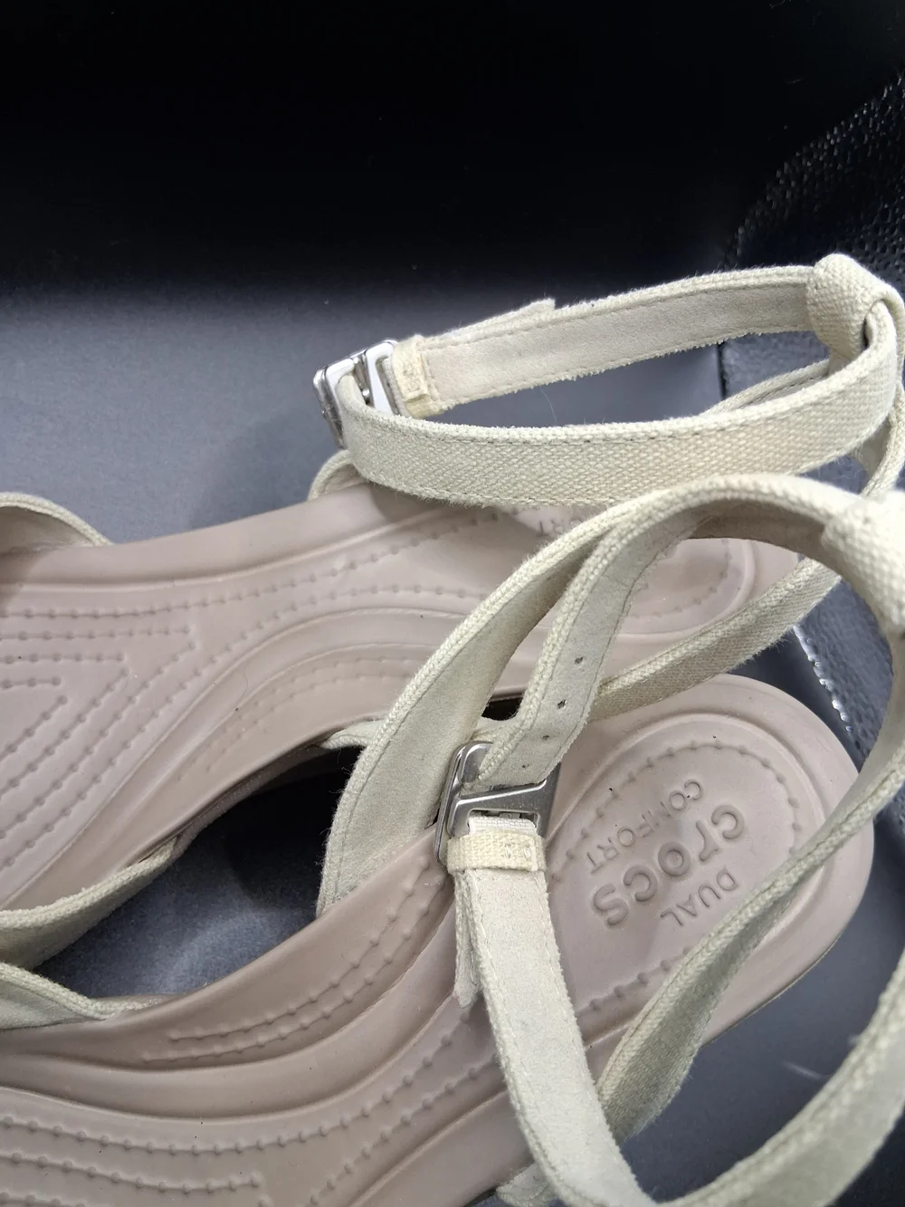 CROCS Cream Canvas Wedge Sandals with Ankle Strap - Picture 6 of 11